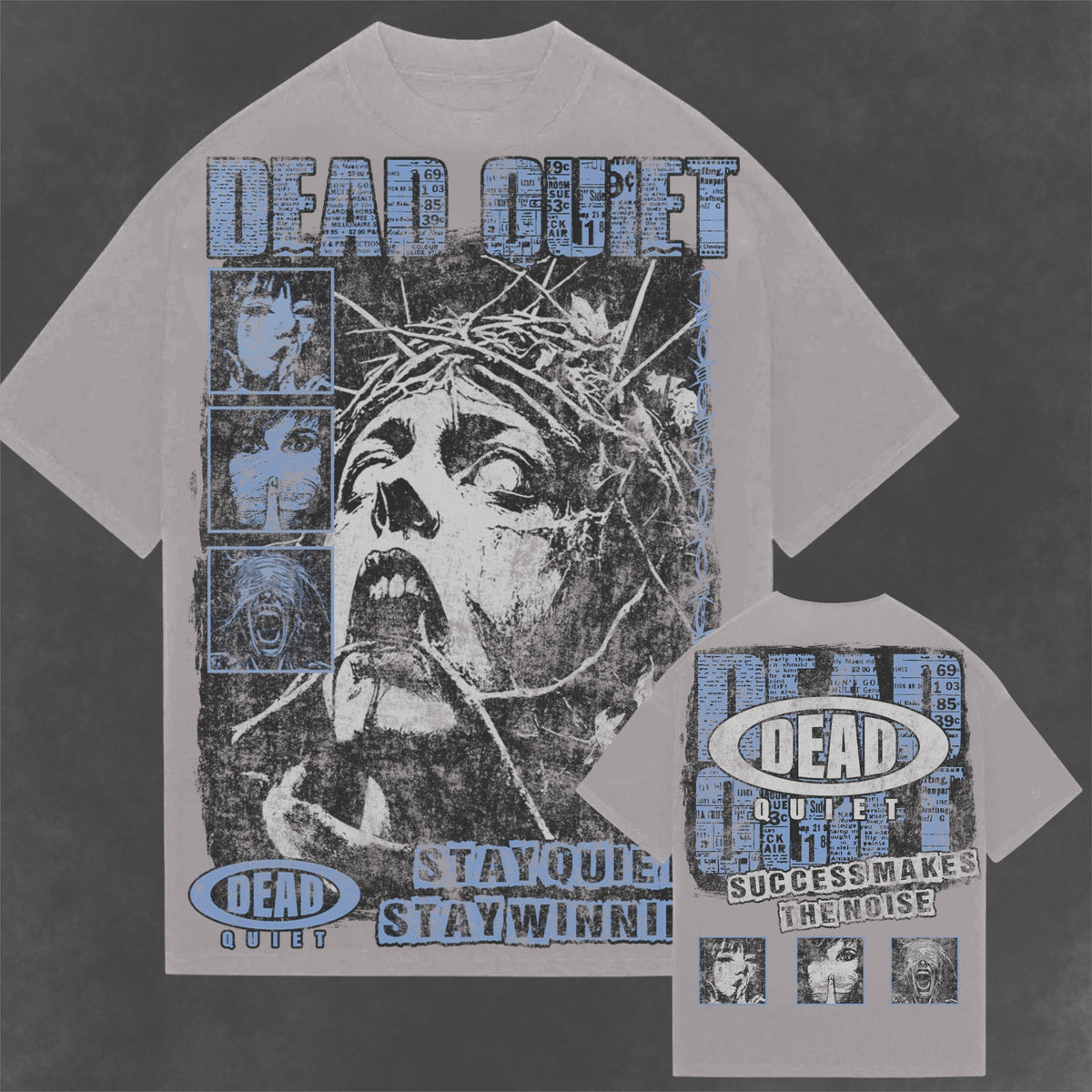 DEADQUIET Stay Quiet Stay Winning Tee in Stone Garment Dye, showing front and back graphics