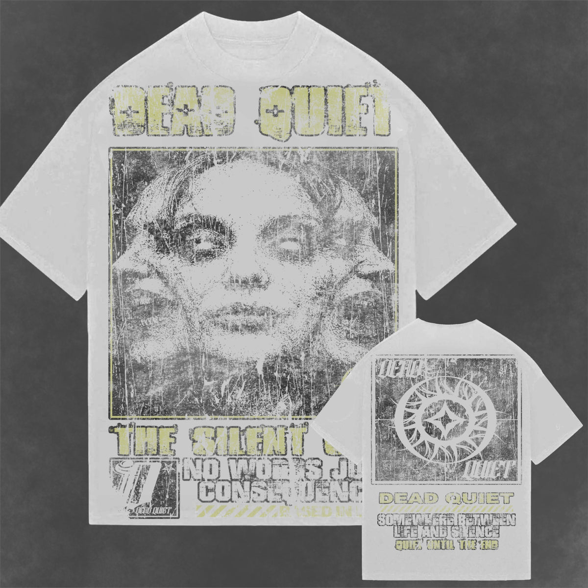 DEADQUIET The Silent One Tee in White, showing front and back graphics