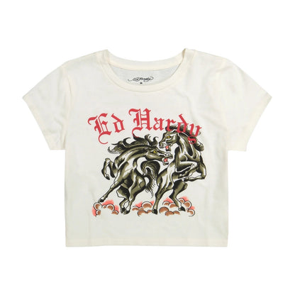 Ed Hardy Battle Horses Baby Tee from On Time Fashions – Women's tee by Ed Hardy, Birmingham AL’s 1 fashion store and premier destination for streetwear, suits, kids fashion, and big & tall