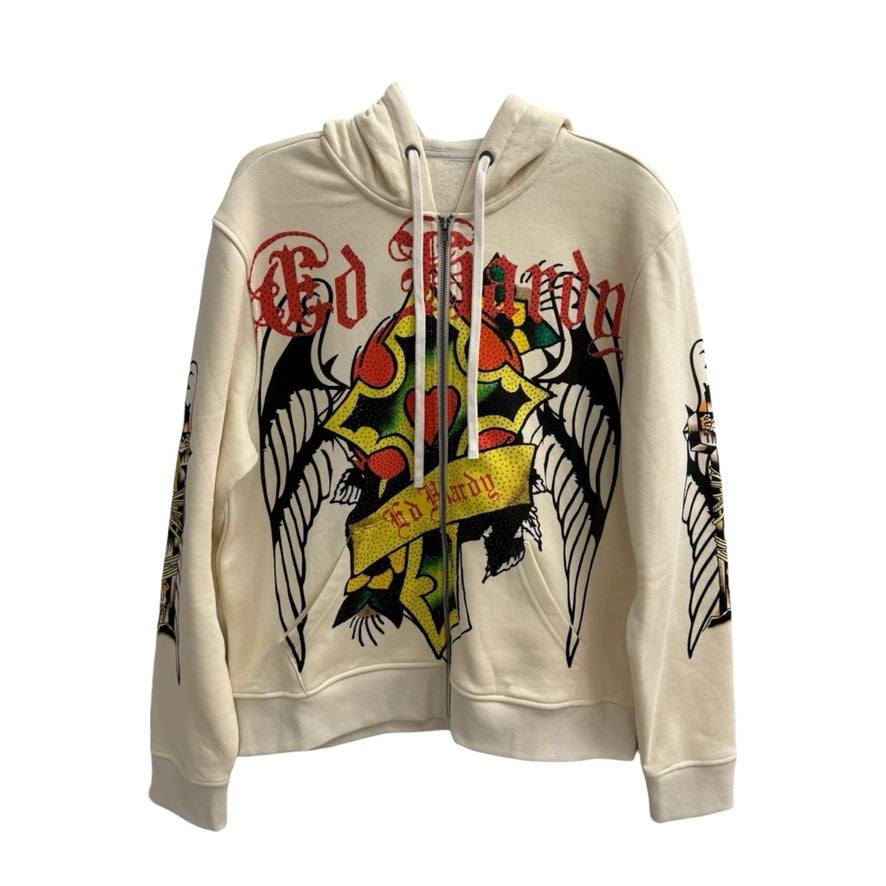 Ed Hardy Christ Cross boxy zip hoodie in Ivory, front view with cross and rose graphics and embellished lettering