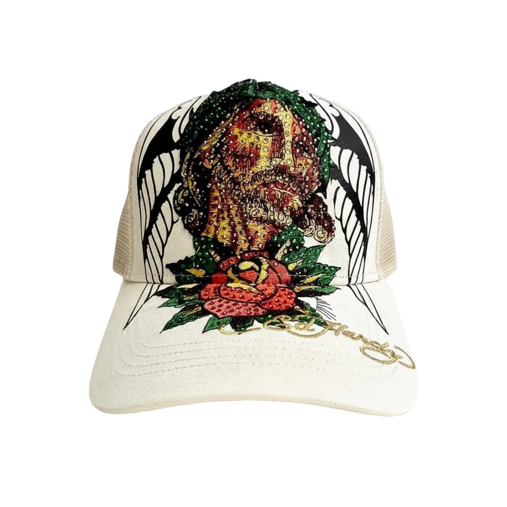 Ed Hardy Christ Rhinestone Trucker Hat from On Time Fashions – Fitted Caps & Snapbacks by Ed Hardy, Birmingham AL’s 1 fashion store and premier destination for streetwear, suits, kids fashion, and big & tall