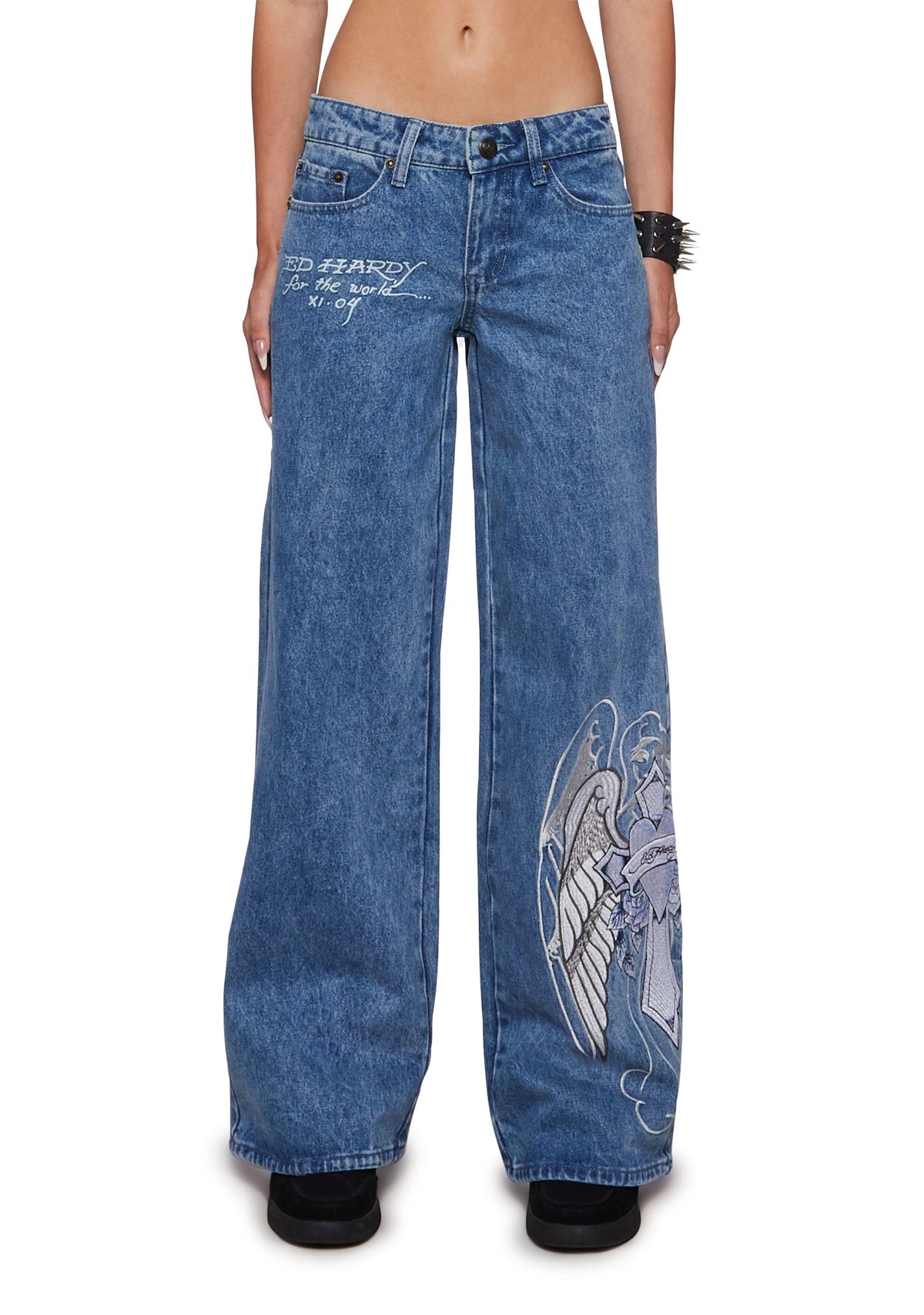 Ed Hardy Cross Wings Baggy Jean Embroidered in Blue Wash, product view