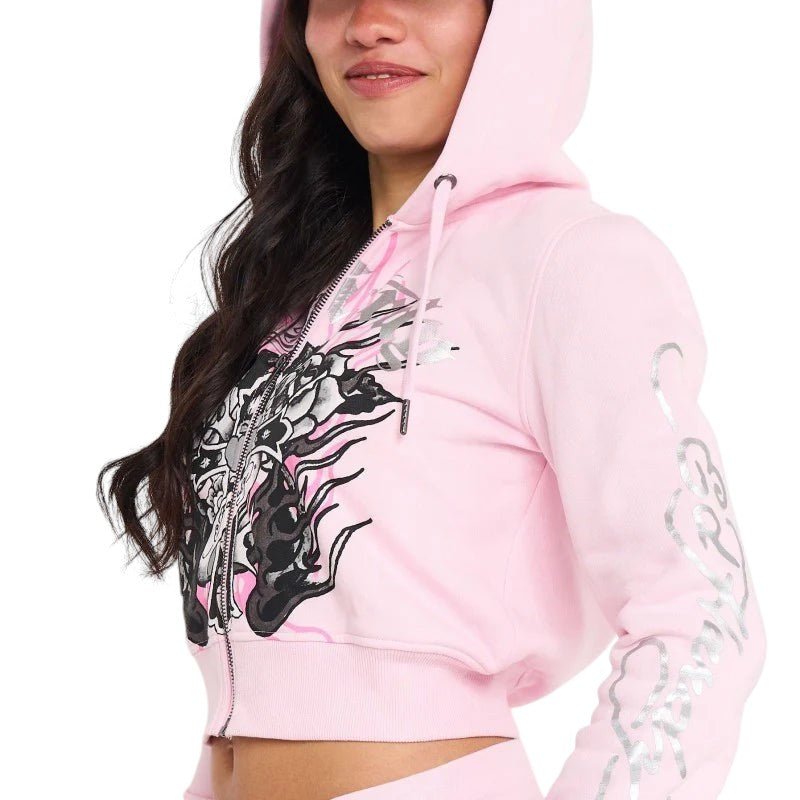 Ed Hardy Flame Cross Hoodie Short Set from On Time Fashions – Women's short set by Ed Hardy, Birmingham AL’s 1 fashion store and premier destination for streetwear, suits, kids fashion, and big & tall