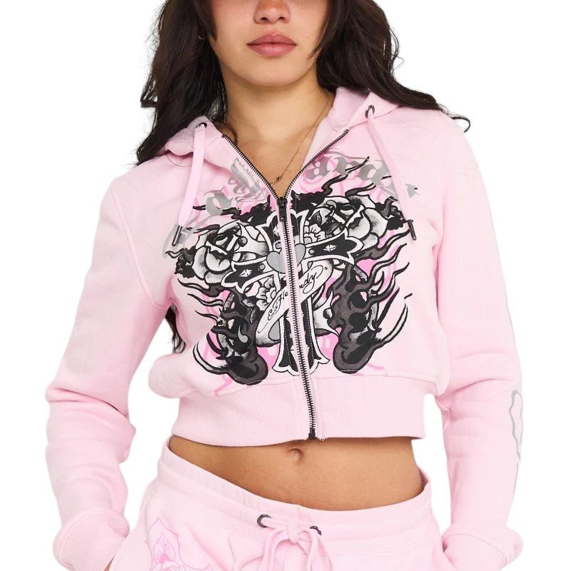 Ed Hardy Flame Cross Hoodie Short Set from On Time Fashions – Women's short set by Ed Hardy, Birmingham AL’s 1 fashion store and premier destination for streetwear, suits, kids fashion, and big & tall