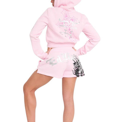 Ed Hardy Flame Cross Hoodie Short Set from On Time Fashions – Women's short set by Ed Hardy, Birmingham AL’s 1 fashion store and premier destination for streetwear, suits, kids fashion, and big & tall