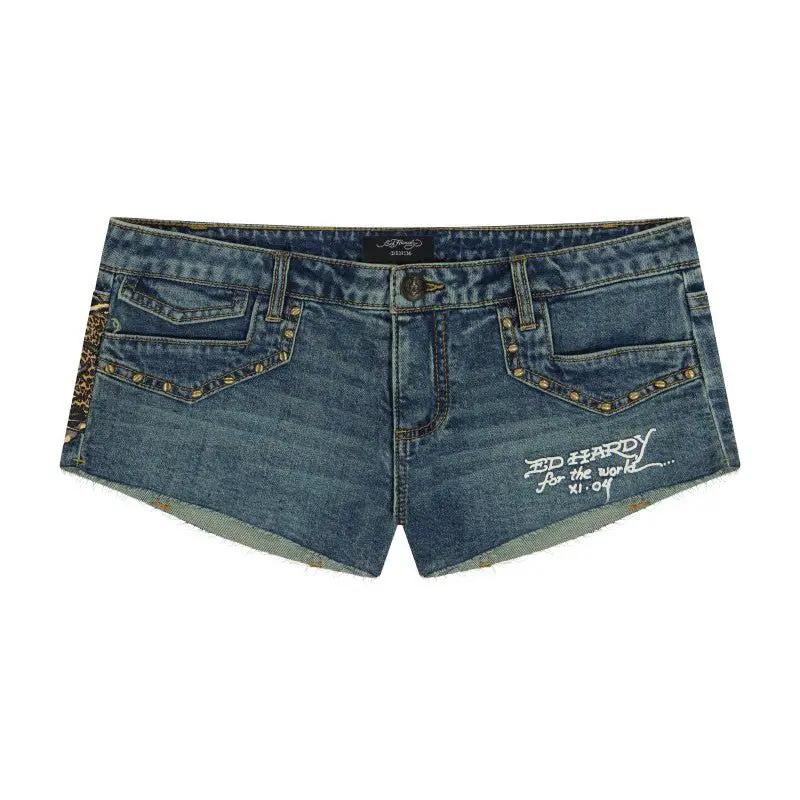 Ed Hardy Leopard Panther Studded Micro Denim Short by Ed Hardy