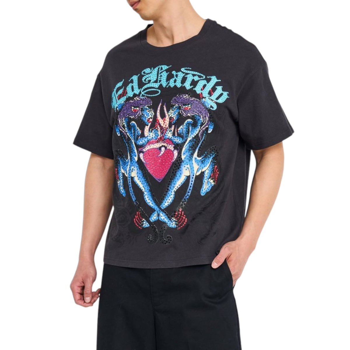 Ed Hardy Panteras boxy tee in Dark Grey with blue panthers, heart artwork and embellished details on model