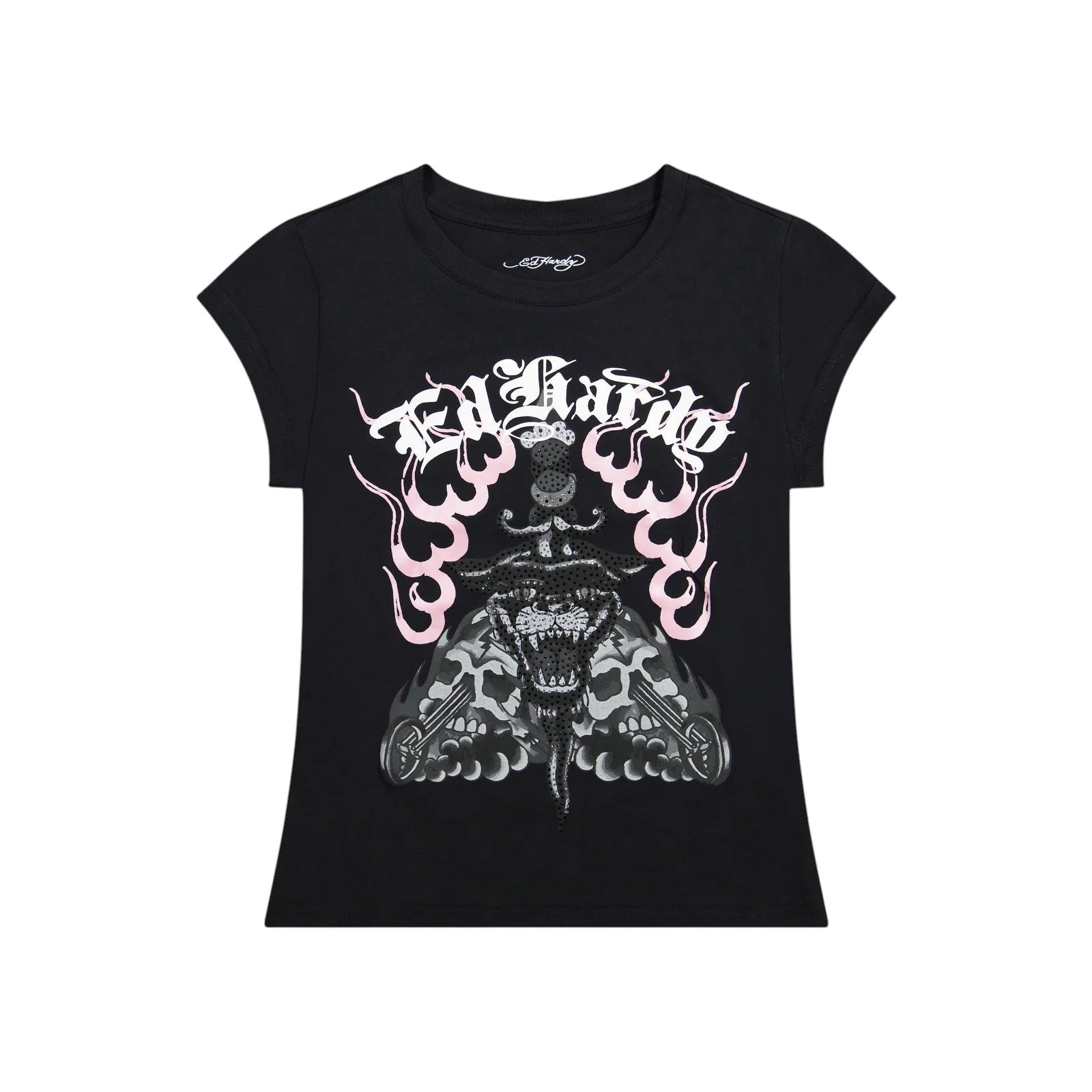 Ed Hardy Panther Dagger Rhinestone Cap Sleeve Tee from On Time Fashions – Women's tee by Ed Hardy, Birmingham AL’s 1 fashion store and premier destination for streetwear, suits, kids fashion, and big & tall