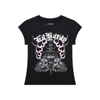 Ed Hardy Panther Dagger Rhinestone Cap Sleeve Tee from On Time Fashions – Women's tee by Ed Hardy, Birmingham AL’s 1 fashion store and premier destination for streetwear, suits, kids fashion, and big & tall