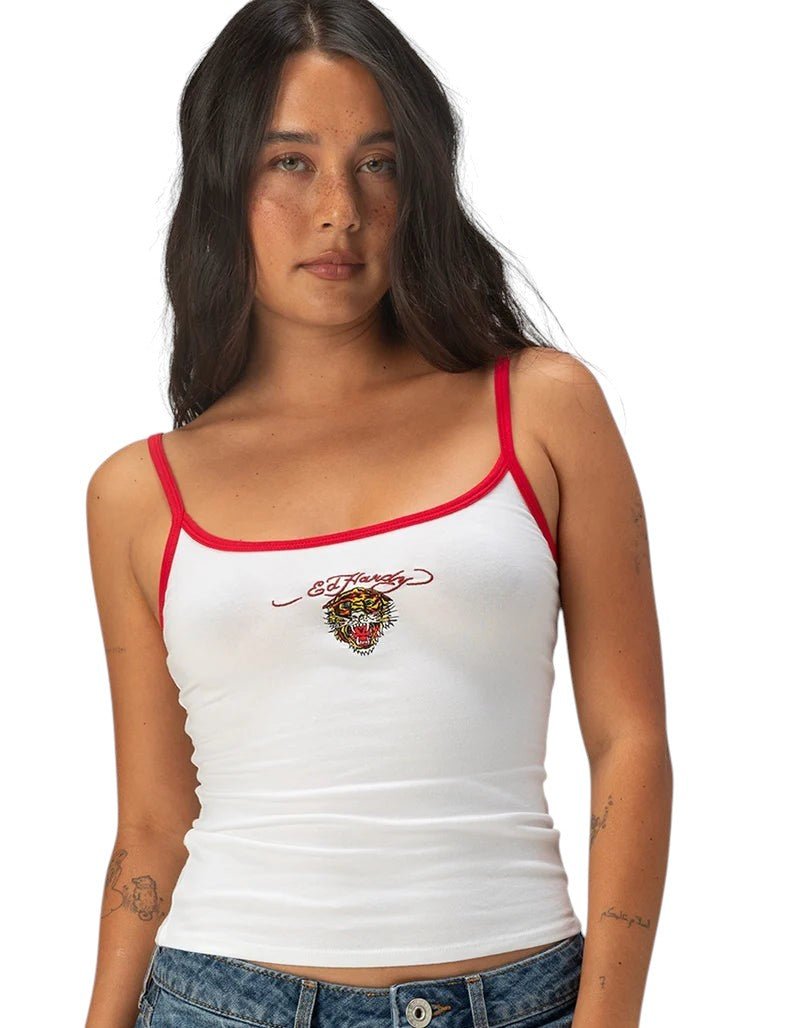 Ed Hardy Retro Tiger Stretch Cotton Cami from On Time Fashions – Women's Tank by Ed Hardy, Birmingham AL’s 1 fashion store and premier destination for streetwear, suits, kids fashion, and big & tall