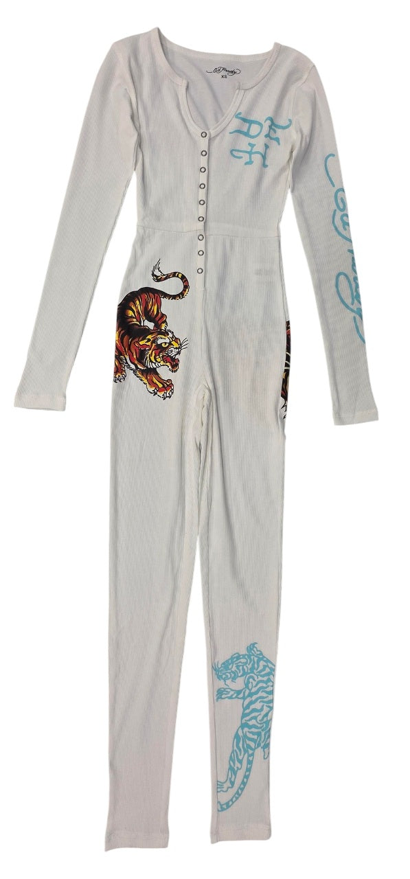 Ed Hardy Tiger long-sleeve pajama onesie in White, front view