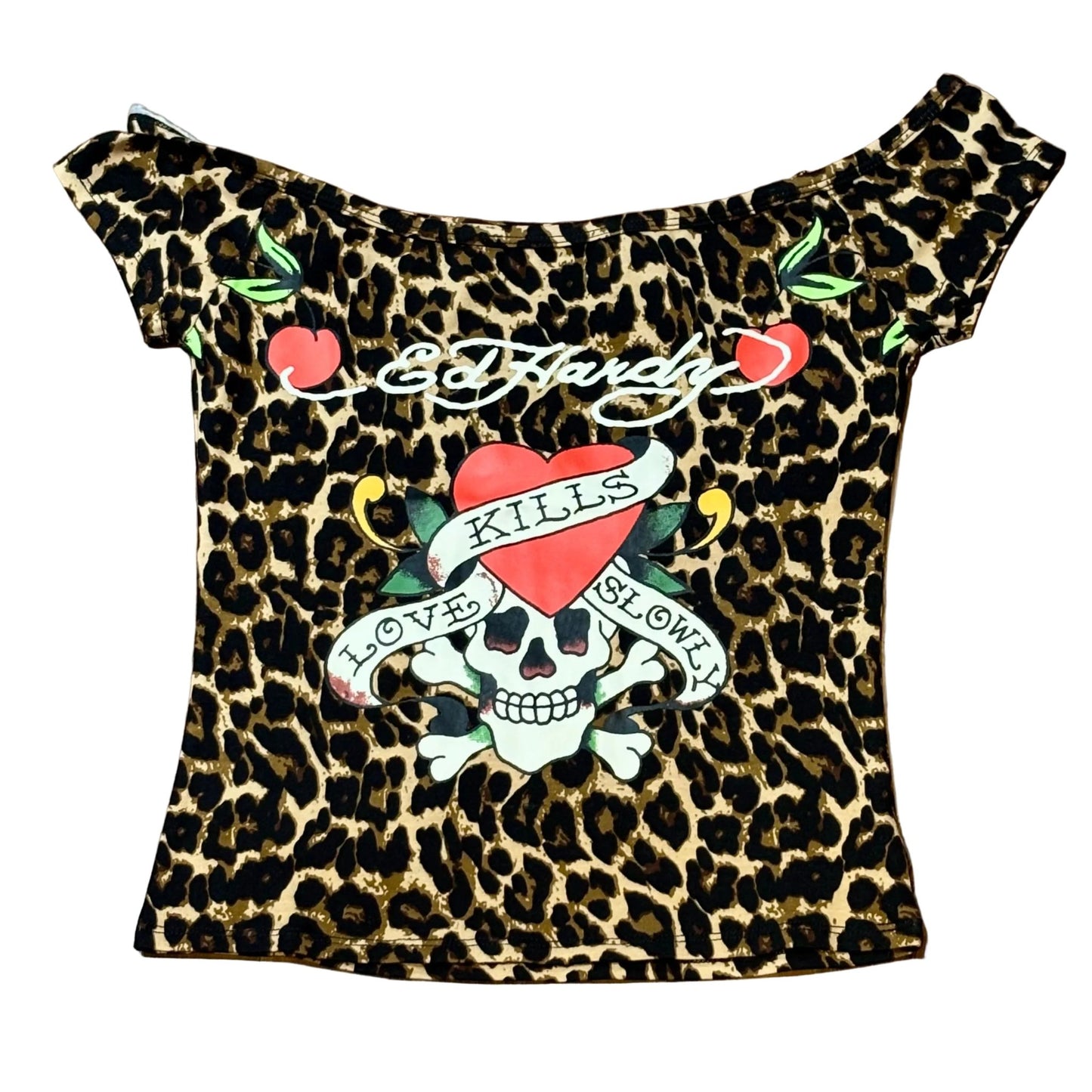 Ed Hardy Women's LKS Cherries Off Shoulder Top from On Time Fashions – Women's tee by Ed Hardy, Birmingham AL’s 1 fashion store and premier destination for streetwear, suits, kids fashion, and big & tall