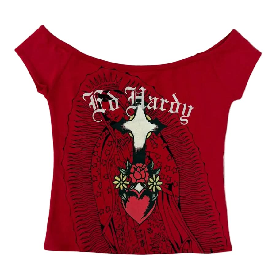 Ed Hardy Women's Mary Off Shoulder Top from On Time Fashions – Women's tee by Ed Hardy, Birmingham AL’s 1 fashion store and premier destination for streetwear, suits, kids fashion, and big & tall