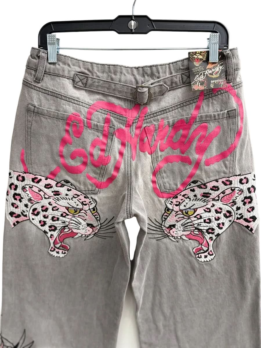 Ed Hardy Women's Pink Skull Flame Baggy Jeans from On Time Fashions – Women's Jeans by Ed Hardy, Birmingham AL’s 1 fashion store and premier destination for streetwear, suits, kids fashion, and big & tall