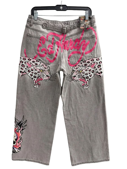 Ed Hardy Women's Pink Skull Flame Baggy Jeans from On Time Fashions – Women's Jeans by Ed Hardy, Birmingham AL’s 1 fashion store and premier destination for streetwear, suits, kids fashion, and big & tall