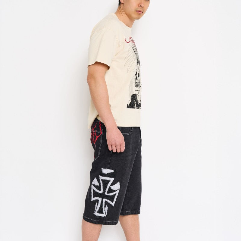 Ed Hardy Crosses Long Denim Rhinestone Shorts in Y2K Black, side view