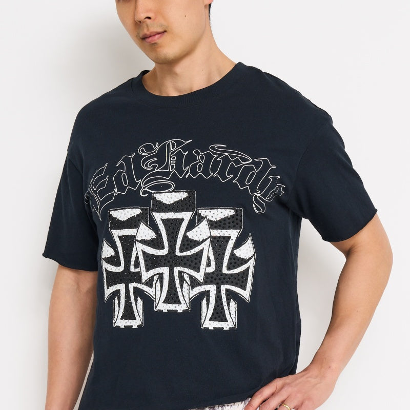 Crosses Rhinestone Boxy Cropped Tee — black