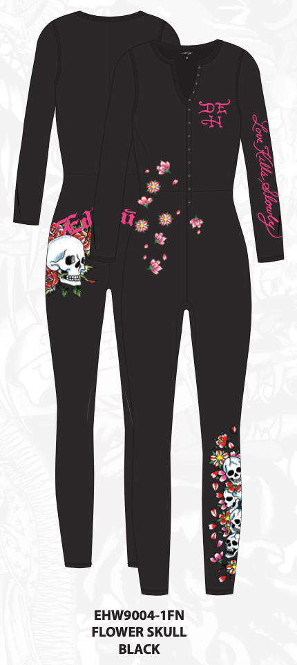 Flower Skull Long Sleeve PJ Onesie - Black - front view