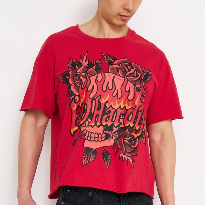 Skull Roses Boxy Cropped Tee — mineral red
