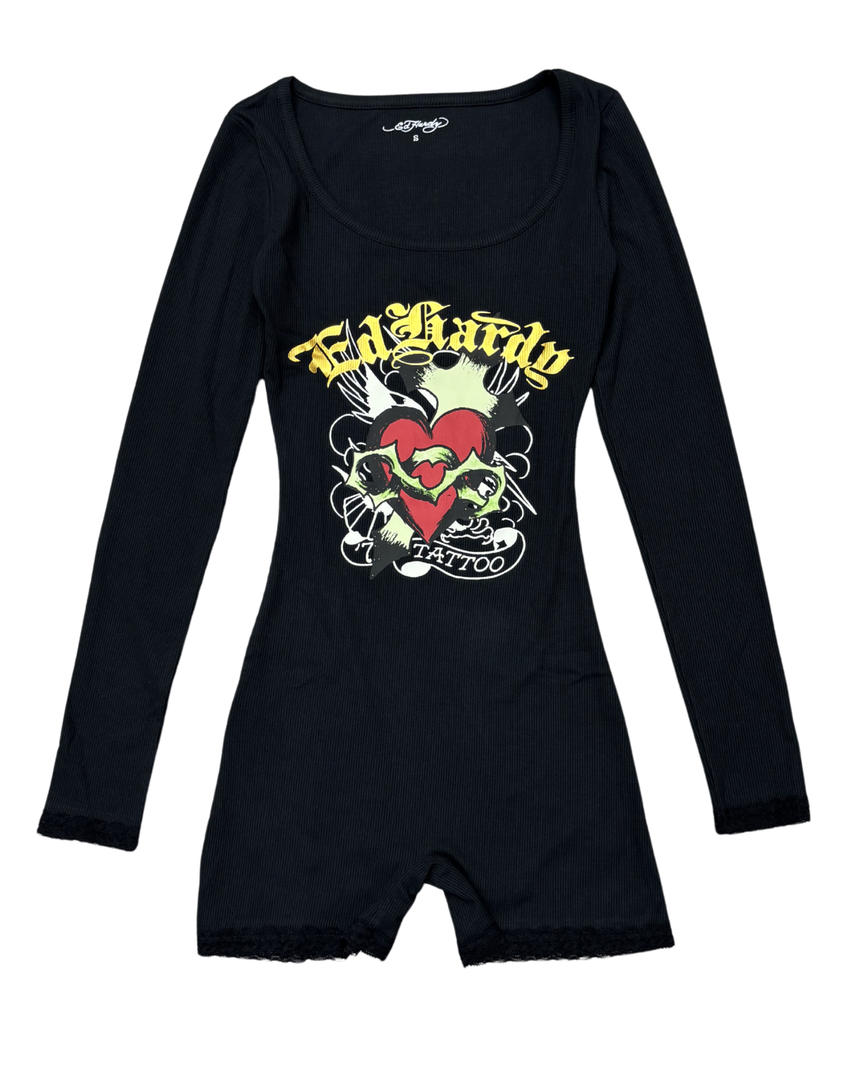 Ed Hardy Sacred Heart Lace Onesie - Black - front view