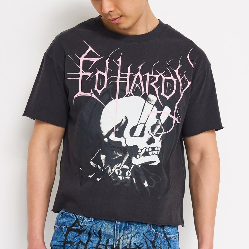 Spider Skull Boxy Cropped Tee — mineral grey