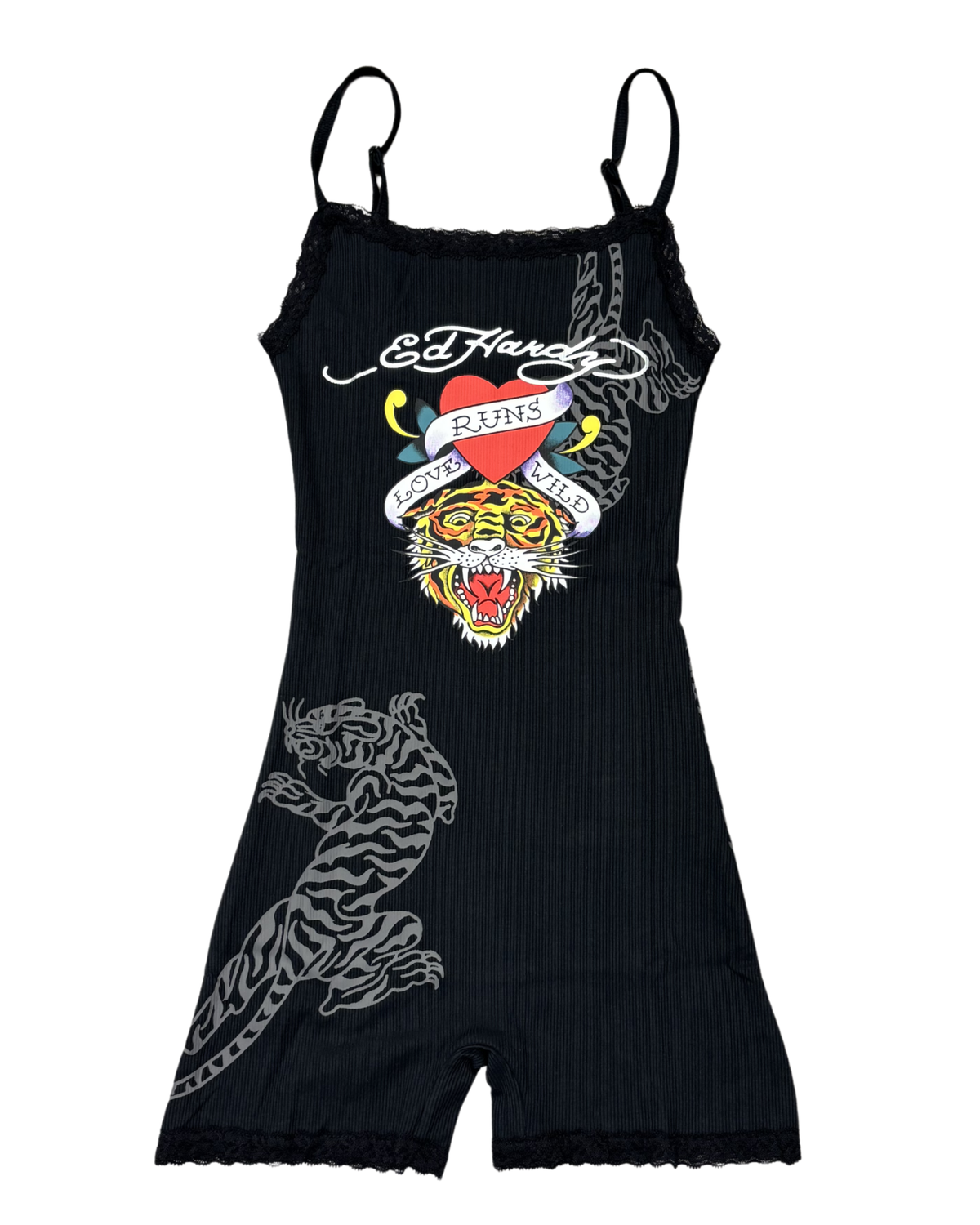 Ed Hardy Tiger Heart Lace Sleep Romper - Black - front view