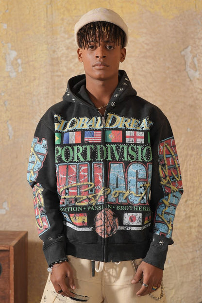 Elite Premium Denim Global Dreams Zip Hoodie from On Time Fashions – Hoodie by Elite Premium Denim, Birmingham AL’s 1 fashion store and premier destination for streetwear, suits, kids fashion, and big & tall