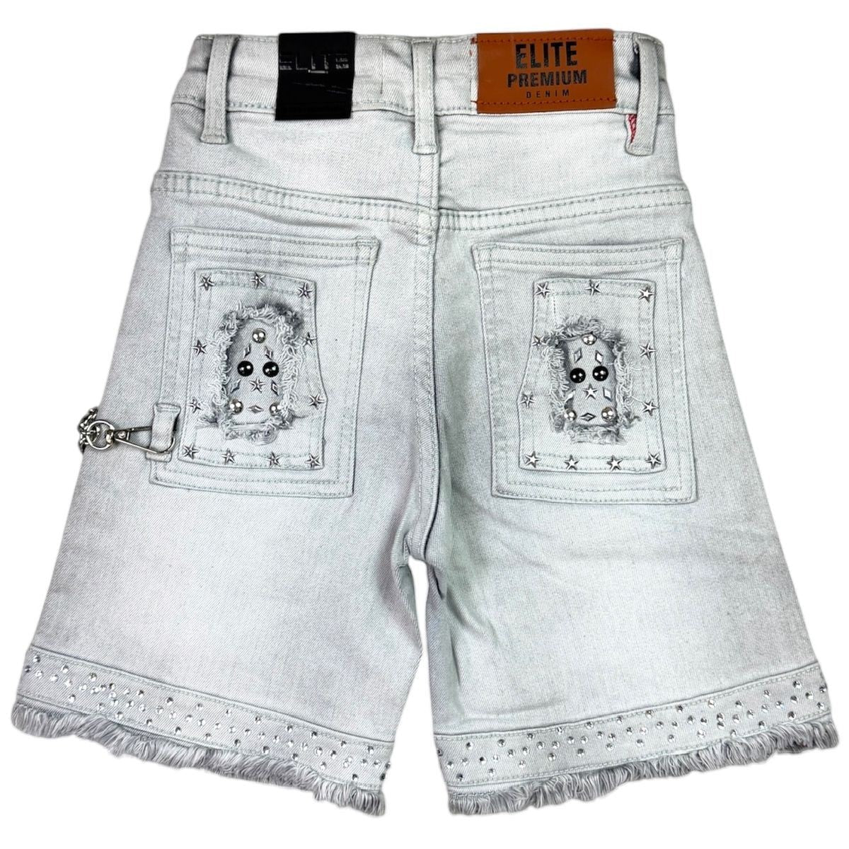 Elite Premium Kids Flint Embellished Denim Shorts Grey Wash from On Time Fashions – Shorts by ELITE PREMIUM DENIM, Birmingham AL’s 1 fashion store and premier destination for streetwear, suits, kids fashion, and big & tall