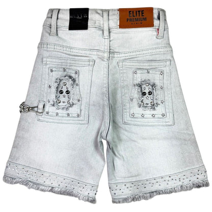 Elite Premium Kids Flint Embellished Denim Shorts Grey Wash from On Time Fashions – Shorts by ELITE PREMIUM DENIM, Birmingham AL’s 1 fashion store and premier destination for streetwear, suits, kids fashion, and big & tall