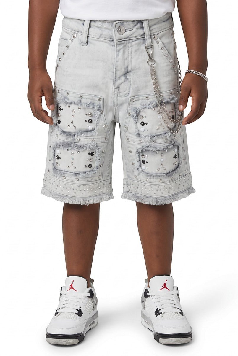 Elite Premium Kids Flint Embellished Denim Shorts Grey Wash from On Time Fashions – Shorts by ELITE PREMIUM DENIM, Birmingham AL’s 1 fashion store and premier destination for streetwear, suits, kids fashion, and big & tall