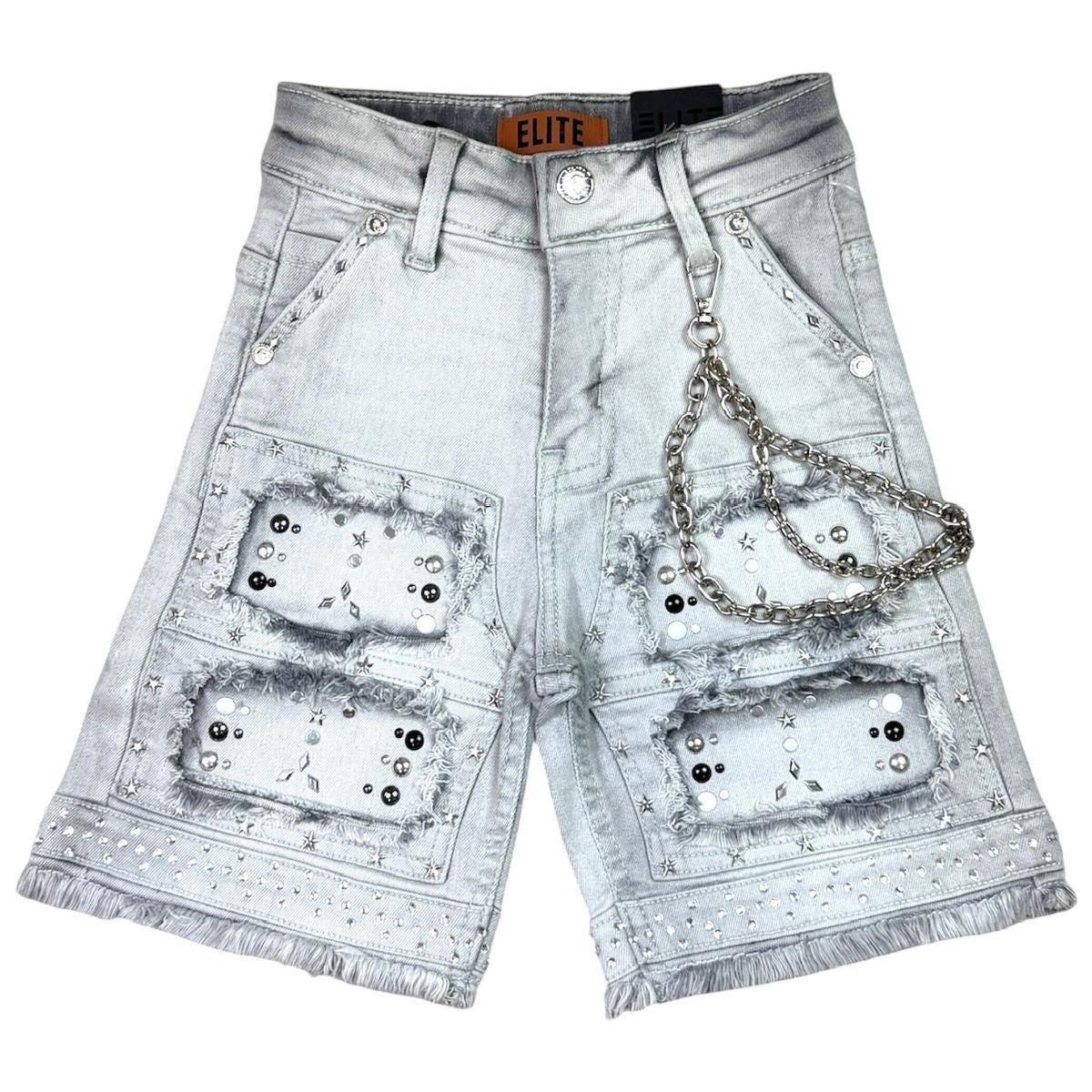 Elite Premium Kids Flint Embellished Denim Shorts Grey Wash from On Time Fashions – Shorts by ELITE PREMIUM DENIM, Birmingham AL’s 1 fashion store and premier destination for streetwear, suits, kids fashion, and big & tall