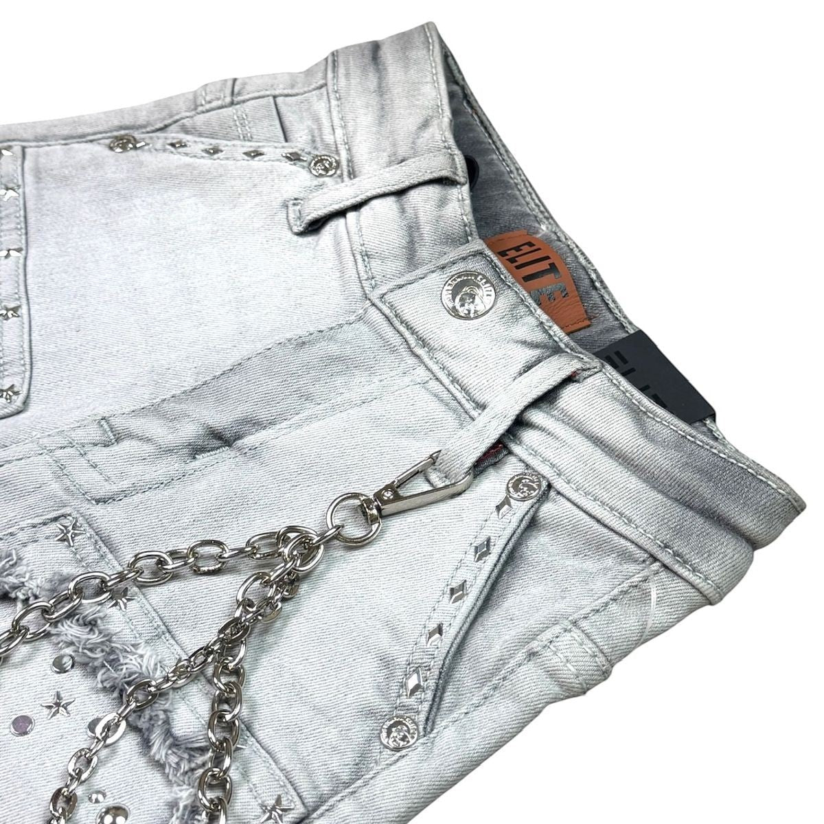 Elite Premium Kids Flint Embellished Denim Shorts Grey Wash from On Time Fashions – Shorts by ELITE PREMIUM DENIM, Birmingham AL’s 1 fashion store and premier destination for streetwear, suits, kids fashion, and big & tall