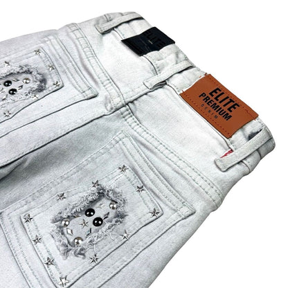 Elite Premium Kids Flint Embellished Denim Shorts Grey Wash from On Time Fashions – Shorts by ELITE PREMIUM DENIM, Birmingham AL’s 1 fashion store and premier destination for streetwear, suits, kids fashion, and big & tall