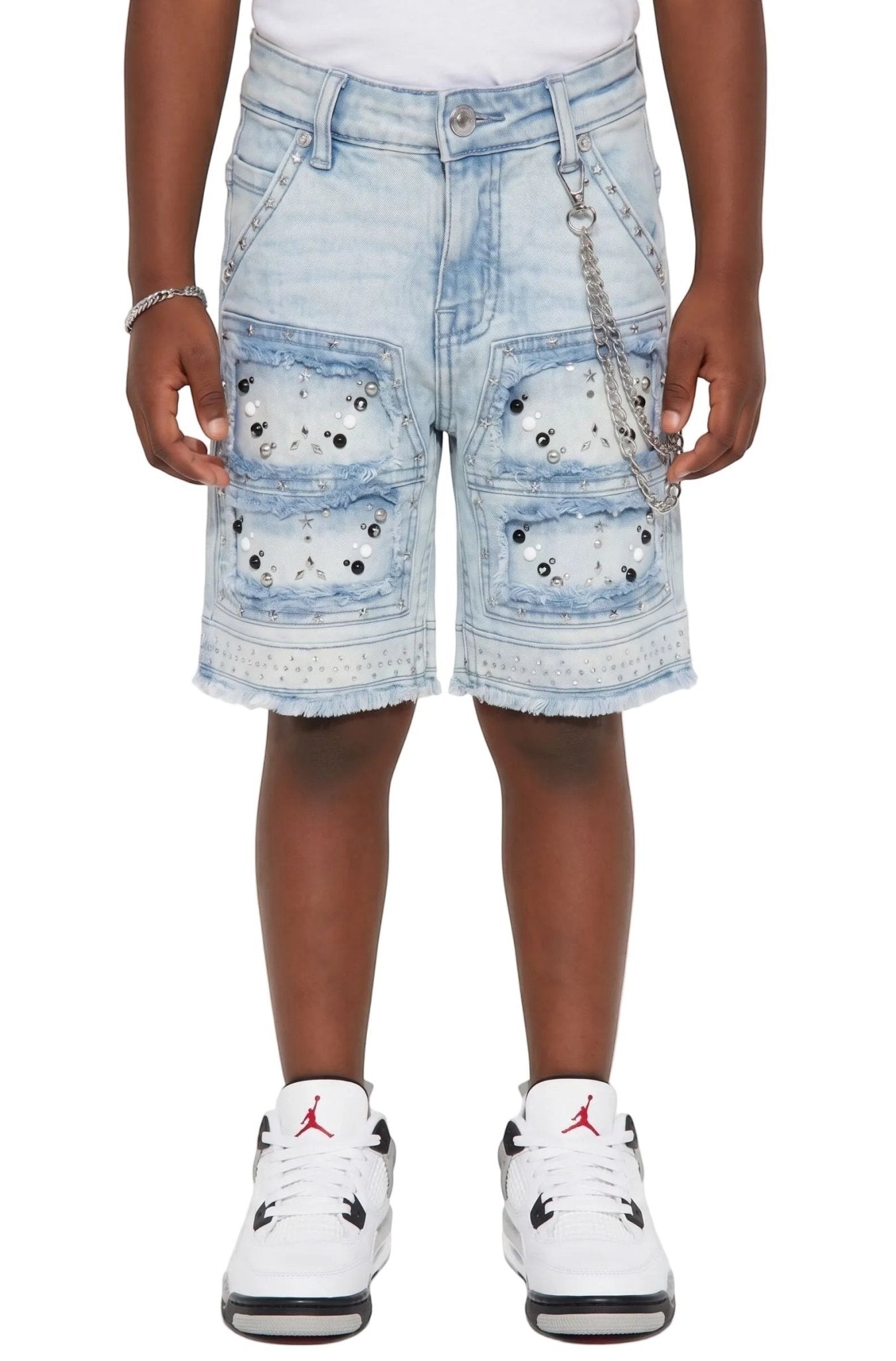 Elite Premium Kids Flint Embellished Denim Shorts Ice Wash from On Time Fashions – Shorts by ELITE PREMIUM DENIM, Birmingham AL’s 1 fashion store and premier destination for streetwear, suits, kids fashion, and big & tall