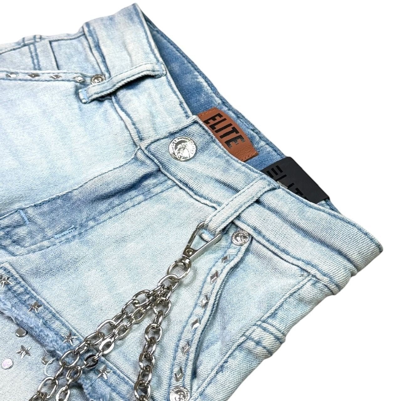 Elite Premium Kids Flint Embellished Denim Shorts Ice Wash from On Time Fashions – Shorts by ELITE PREMIUM DENIM, Birmingham AL’s 1 fashion store and premier destination for streetwear, suits, kids fashion, and big & tall