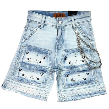 Elite Premium Kids Flint Embellished Denim Shorts Ice Wash from On Time Fashions – Shorts by ELITE PREMIUM DENIM, Birmingham AL’s 1 fashion store and premier destination for streetwear, suits, kids fashion, and big & tall