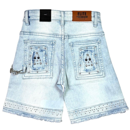 Elite Premium Kids Flint Embellished Denim Shorts Ice Wash from On Time Fashions – Shorts by ELITE PREMIUM DENIM, Birmingham AL’s 1 fashion store and premier destination for streetwear, suits, kids fashion, and big & tall