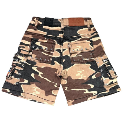 Elite Premium Kids Patchwork Embellished Denim Shorts Army Camo from On Time Fashions – Shorts by ELITE PREMIUM DENIM, Birmingham AL’s 1 fashion store and premier destination for streetwear, suits, kids fashion, and big & tall