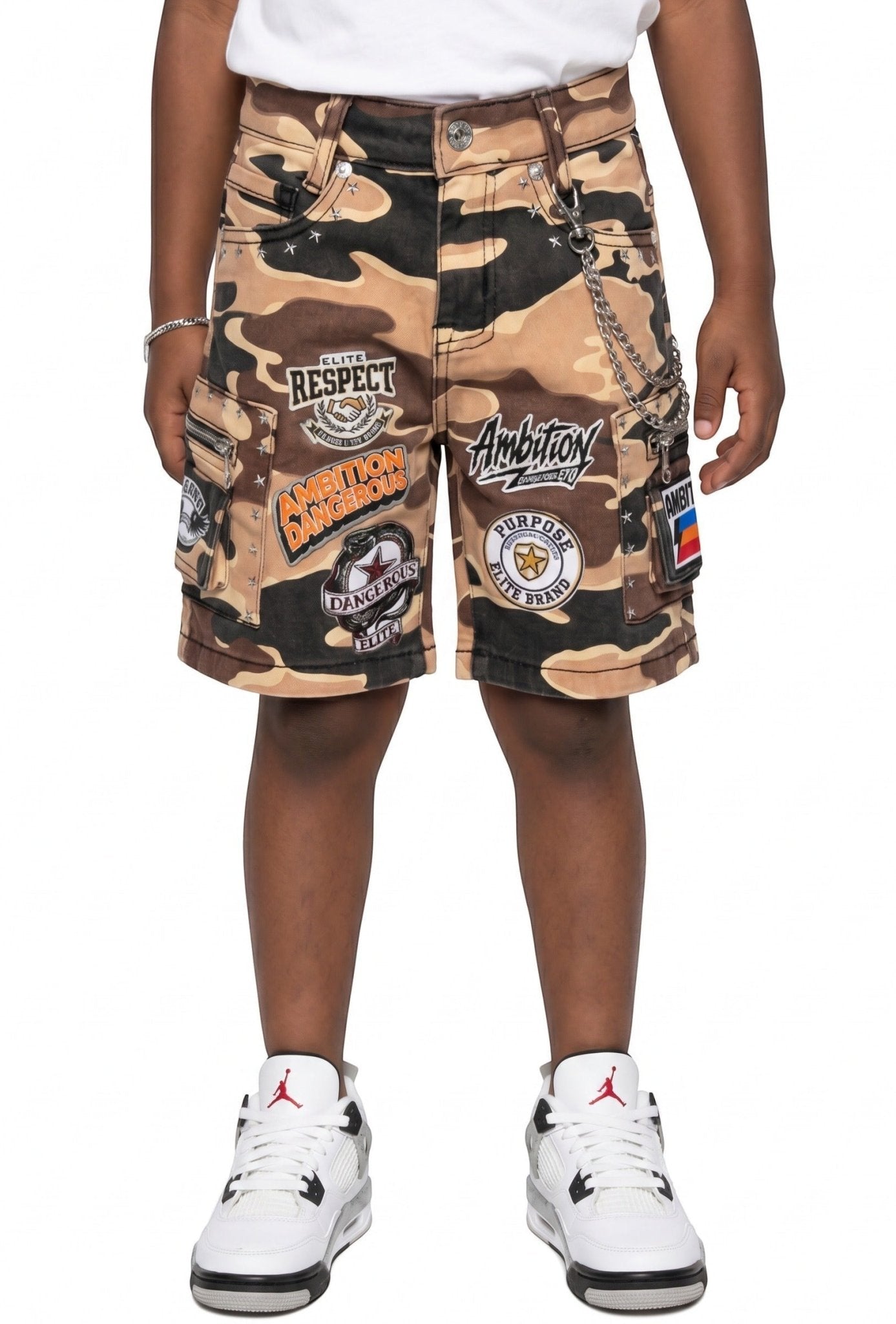Elite Premium Kids Patchwork Embellished Denim Shorts Army Camo from On Time Fashions – Shorts by ELITE PREMIUM DENIM, Birmingham AL’s 1 fashion store and premier destination for streetwear, suits, kids fashion, and big & tall