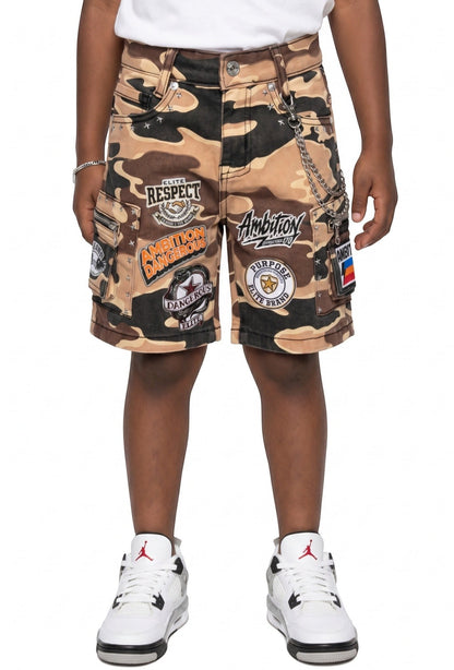 Elite Premium Kids Patchwork Embellished Denim Shorts Army Camo from On Time Fashions – Shorts by ELITE PREMIUM DENIM, Birmingham AL’s 1 fashion store and premier destination for streetwear, suits, kids fashion, and big & tall