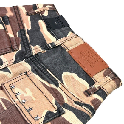 Elite Premium Kids Patchwork Embellished Denim Shorts Army Camo from On Time Fashions – Shorts by ELITE PREMIUM DENIM, Birmingham AL’s 1 fashion store and premier destination for streetwear, suits, kids fashion, and big & tall