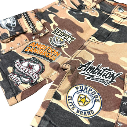 Elite Premium Kids Patchwork Embellished Denim Shorts Army Camo from On Time Fashions – Shorts by ELITE PREMIUM DENIM, Birmingham AL’s 1 fashion store and premier destination for streetwear, suits, kids fashion, and big & tall