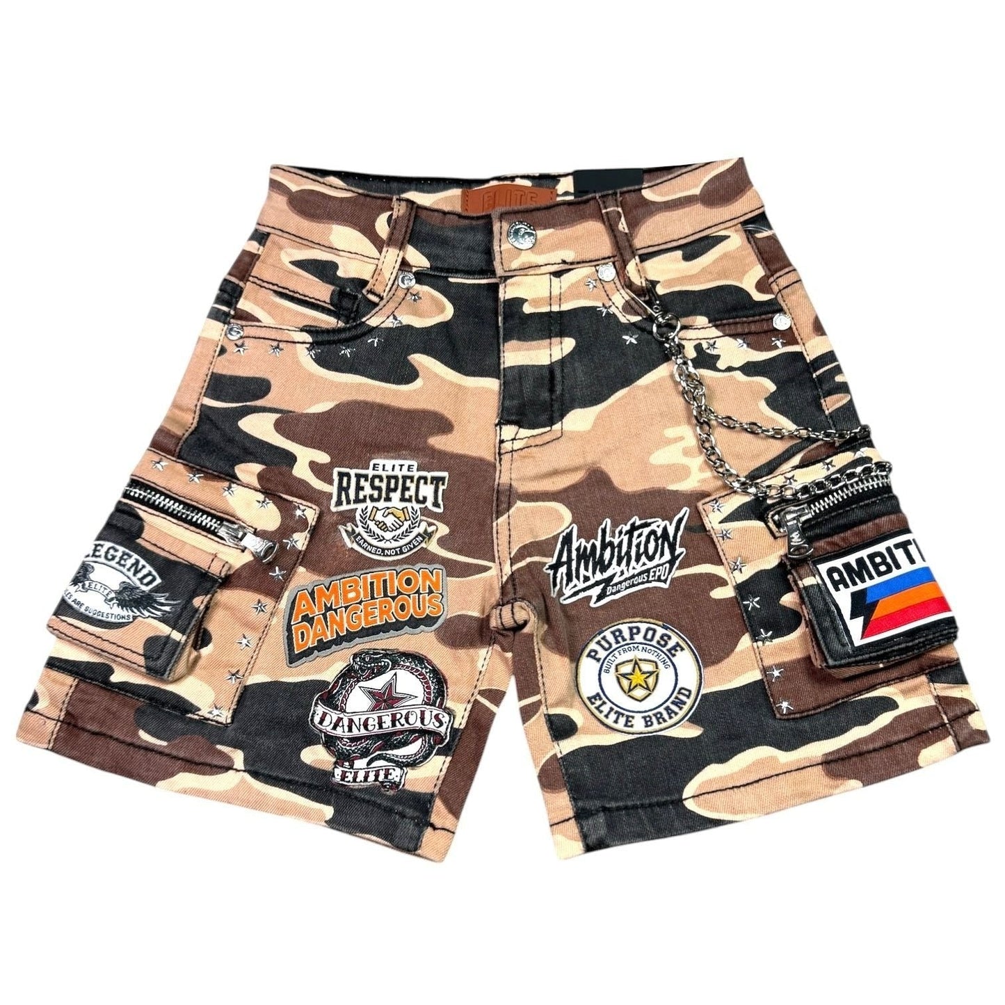 Elite Premium Kids Patchwork Embellished Denim Shorts Army Camo from On Time Fashions – Shorts by ELITE PREMIUM DENIM, Birmingham AL’s 1 fashion store and premier destination for streetwear, suits, kids fashion, and big & tall