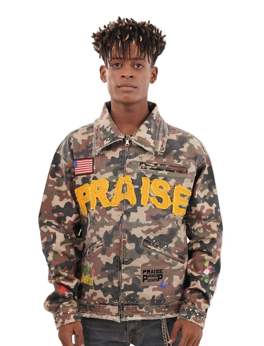 Elite Premium Praise Embellished Premium Denim Jacket Camo from On Time Fashions – Jackets by Elite Premium Denim, Birmingham AL’s 1 fashion store and premier destination for streetwear, suits, kids fashion, and big & tall