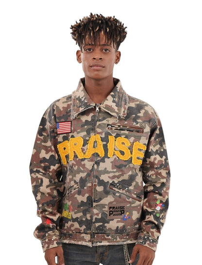 Elite Premium Praise Embellished Premium Denim Jacket Camo from On Time Fashions – Jackets by Elite Premium Denim, Birmingham AL’s 1 fashion store and premier destination for streetwear, suits, kids fashion, and big & tall