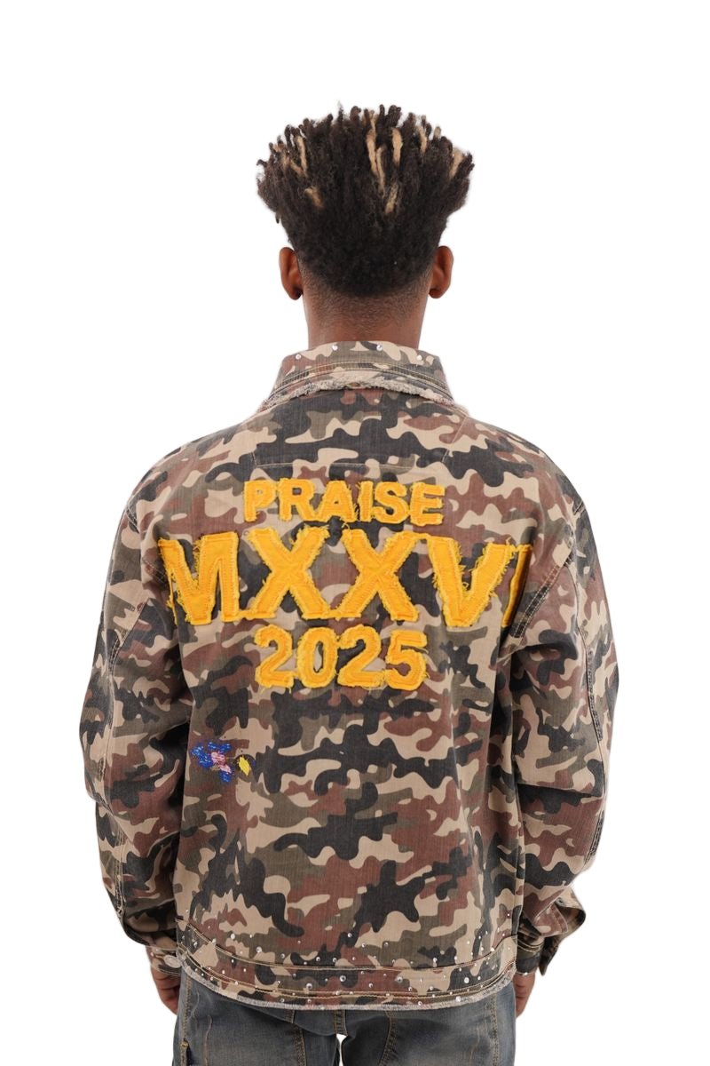 Elite Premium Praise Embellished Premium Denim Jacket Camo from On Time Fashions – Jackets by Elite Premium Denim, Birmingham AL’s 1 fashion store and premier destination for streetwear, suits, kids fashion, and big & tall