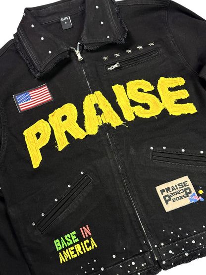 Elite Premium Praise Embellished Premium Denim Jacket Camo from On Time Fashions – Jackets by Elite Premium Denim, Birmingham AL’s 1 fashion store and premier destination for streetwear, suits, kids fashion, and big & tall