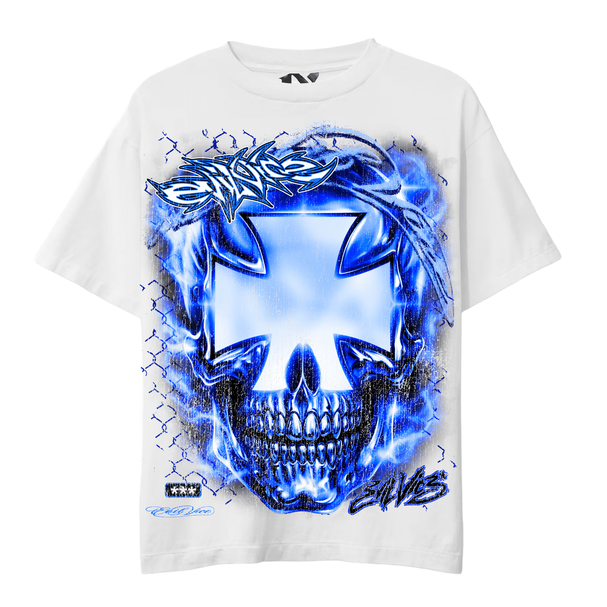 Evil Vice Chrome Cross Tee from On Time Fashions – Graphic Tee by Evil Vice, Birmingham AL’s 1 fashion store and premier destination for streetwear, suits, kids fashion, and big & tall