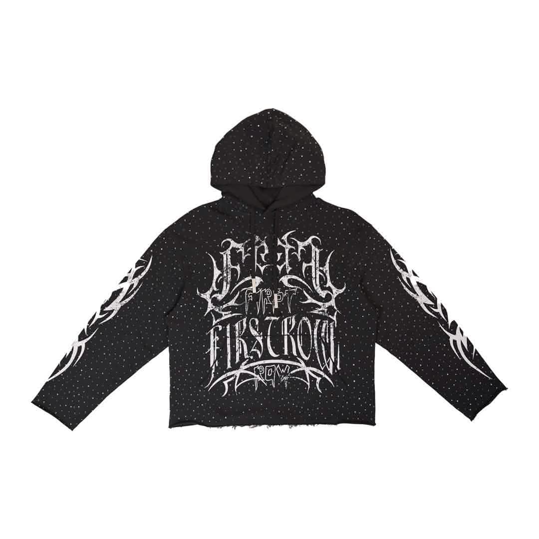 First Row Y2K Tribal Stud Hoodie from On Time Fashions – Hoodie by Huge USA, Birmingham AL’s 1 fashion store and premier destination for streetwear, suits, kids fashion, and big & tall