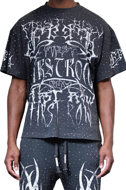 First Row Y2K Tribal Stud Tee from On Time Fashions – Tee by Huge USA, Birmingham AL’s 1 fashion store and premier destination for streetwear, suits, kids fashion, and big & tall